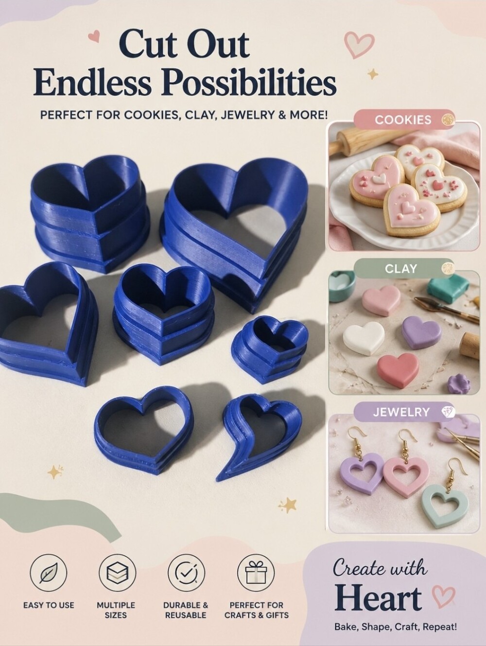 Blue Heart Cookie & Jewelry Clay Craft Cutters - Set of 7 Nested Hearts